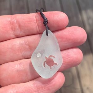 Carved Sea Turtle Aqua Sea Glass Necklace Wish